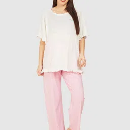 Mom For Sure by Ketki Dalal Flared Sleeves Ruffles Maternity Cotton Top With Lounge Pants-image-56