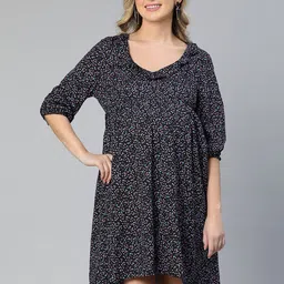 Oxolloxo Floral Printed V-Neck Ruffled Crepe Maternity A-Line Dress-image-46