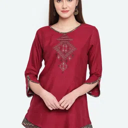 Kvsfab Women Maroon & Black Geometric Embroidered Cotton Tunic-image-75