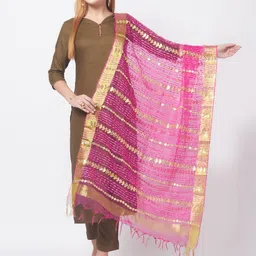 Dupatta Bazaar Fuchsia & Gold-Toned Embroidered Organza Dupatta with Zardozi-16