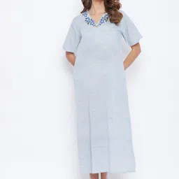 The Kaftan Company Blue Striped & Embroidered Pure Cotton Maxi Nightdress-picture-17