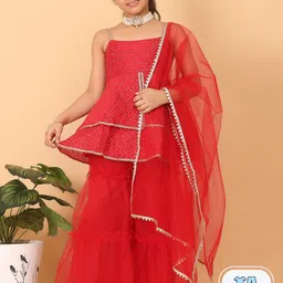 Ethnovog Girls \Ethnic Motifs Embroidered Empire Sequinned Kurti with Sharara & Dupatta-image-21