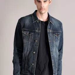 Cantabil Men Spread Collar Washed Self Design Cotton Casual Denim Jacket-image-17