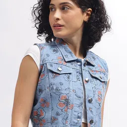 ELLE Floral Printed Sleeveless Pure Cotton Crop Denim Jacket-20