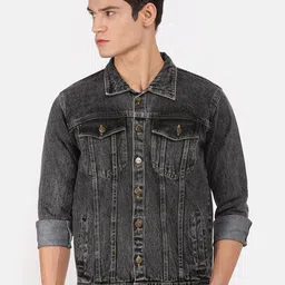 VOXATI Men Grey Washed Longline Denim Jacket with Embroidered-35
