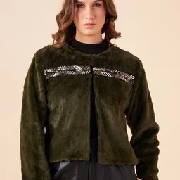 Antheaa Olive Green Embroidered Fur Tailored Jacket-picture-35