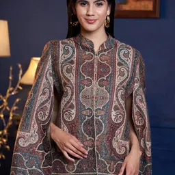 Zamour Abstract Printed Longline Jacquard Cape Jacket with Embroidered-33