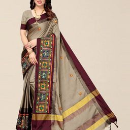 SERONA FABRICS Cream-Coloured & Brown Embellished Kutchi Embroidery Silk Cotton Saree-image-74