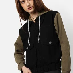 Campus Sutra Women Black Olive Green Colourblocked Outdoor Tailored Jacket-image-79