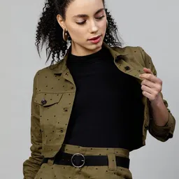 STREET 9 Women Olive Green & Black Printed Lightweight Cotton Crop Denim Jacket-image-17