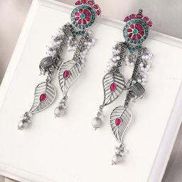 Priyaasi Silver-Plated Oxidised Artificial Beads Studded Drop Earrings-1