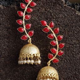 PANASH Gold-Plated Red Stone Dome Shaped Handcrafted Pearl Drop Earrings-image-67
