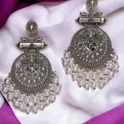 Sangria Silver-Toned Kundan-Studded & Beaded Oxidised Contemporary Drop Earrings-52