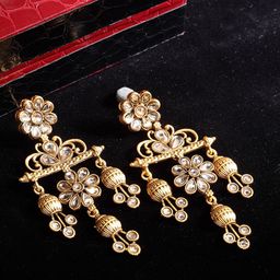 PANASH White Gold-Plated Handcrafted Contemporary Kundan Drop Earrings-34