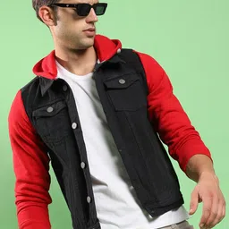 Campus Sutra Red & black Hooded Windcheater Cotton Denim Jacket-picture-45