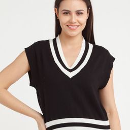 Zink London Women Black & White Striped Woolen Crop Pullover Sweater-picture-23