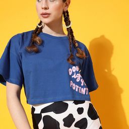 STREET 9 Women Blue Printed Bio Finish Oversized  Pure Cotton Crop T-shirt-image-2