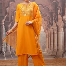 Vishudh Yellow Floral Embroidered Mirror Work Straight Kurta with Palazzo & Dupatta-picture-14