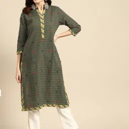 Sangria Olive Ethnic Motifs Printed Mirror Work Kurta-picture-43