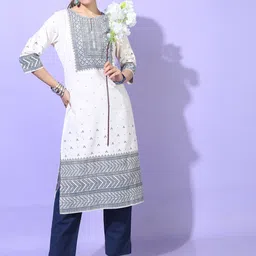 Vishudh Women Off-White & Blue Geometric Printed Cotton Straight Kurta-image-43