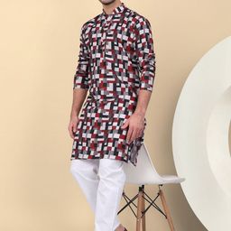 KRAFT INDIA Men Geometric Checked Cold-Shoulder Sleeves Mirror Work Kurta-3