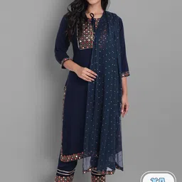 KALINI Ethnic Motifs Embroidered Tie-Up Neck Mirror Work Kurta With Trousers & Dupatta-21