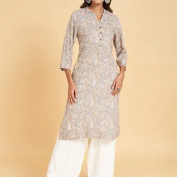 RANGMANCH BY PANTALOONS Women Grey Ethnic Motifs Striped Mirror Work Kurta-1