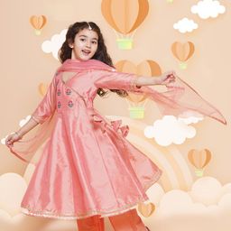 Bitiya by Bhama Girls Embroidered Angrakha Gotta Patti Kurta With Trousers & Dupatta-picture-29