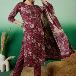 Sangria Floral Printed Pure Cotton Round Neck Straight Kurta With Trouser & Dupatta-14