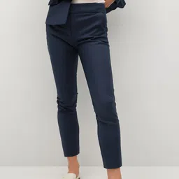 MANGO Women Navy Blue Solid Slim Fit Trousers-image-35