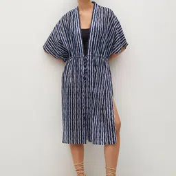 MANGO Women Navy Blue & White Pure Cotton Dyed Effect Longline Tie-Up Shrug-20