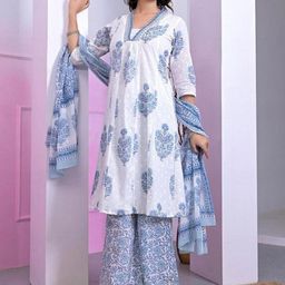 SINSINI Women Floral Printed Pleated Pure Cotton Kurta with Trousers & With Dupatta-image-24