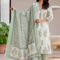 SINSINI Women Floral Printed Pleated Pure Cotton Kurta with Trousers & With Dupatta-picture-54