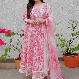 SINSINI Women Floral Printed Pleated Pure Cotton Kurta with Trousers & With Dupatta-image-5