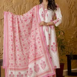 SINSINI Women Floral Printed Pleated Pure Cotton Kurta with Trousers & With Dupatta-picture-43