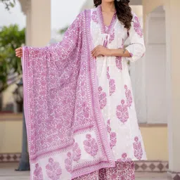 SINSINI Women Floral Printed Pleated Pure Cotton Kurta with Trousers & With Dupatta-picture-14