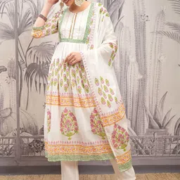 Vishudh White Floral Printed Pure Cotton Anarkali Kurta With Trousers & Dupatta-picture-49