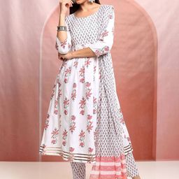 Vishudh White Printed Sweetheart Neck Pure Cotton Anarkali Kurta With Trousers & Dupatta-55