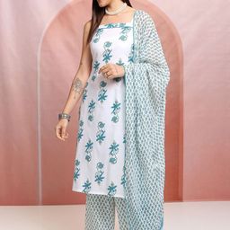 Vishudh White Printed Shoulder Straps Pure Cotton Straight Kurta With Trousers & Dupatta-16
