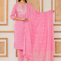 Varanga Women Floral Printed Regular Thread Work Kurta with Trousers & With Dupatta-4