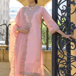Indo Era Ethnic Motifs Embroidered Zari Straight Kurta With Trousers & Dupatta-picture-14