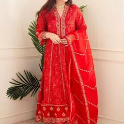KALINI Bandhani Printed Regular Sequinned Anarkali Kurta With Trousers & Dupatta-picture-35