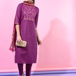 Vishudh Women Magenta Floral Yoke Design Straight Kurta With Trousers & With Dupatta-picture-9