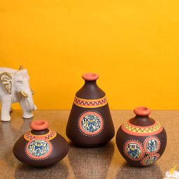 AAKRITI ART CREATIONS Set Of 3 Brown & Orange Warli Patterned Terracotta Vase-image-57