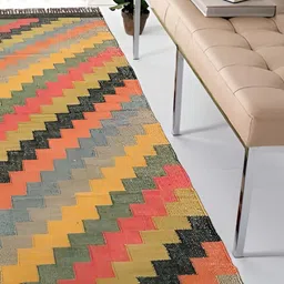 Budhrajrugs Red & Yellow Geometric Woven Rectangular Dhurrie-34