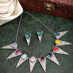 ZENEME Silver-Plated Stones-Studded Oxidised Jewellery Set-image-76
