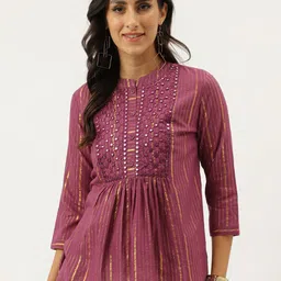 Neemiya Striped Mandarin Collar Mirror Work Pure Cotton Pleated A-Line Kurti-image-34