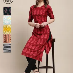 7Threads Pack of 6 Women Multicoloured & Yellow Floral Printed Crepe Kurta-image-71