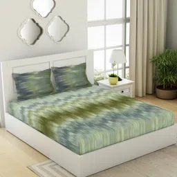 SPACES Ikkat Green & Blue Printed Pure Cotton 144 TC King Bedsheet with 2 Pillow Covers-23