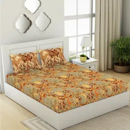 SPACES Ikkat Orange & Grey Pure Cotton 144 TC Super King Bedsheet with 2 Pillow Covers-image-86